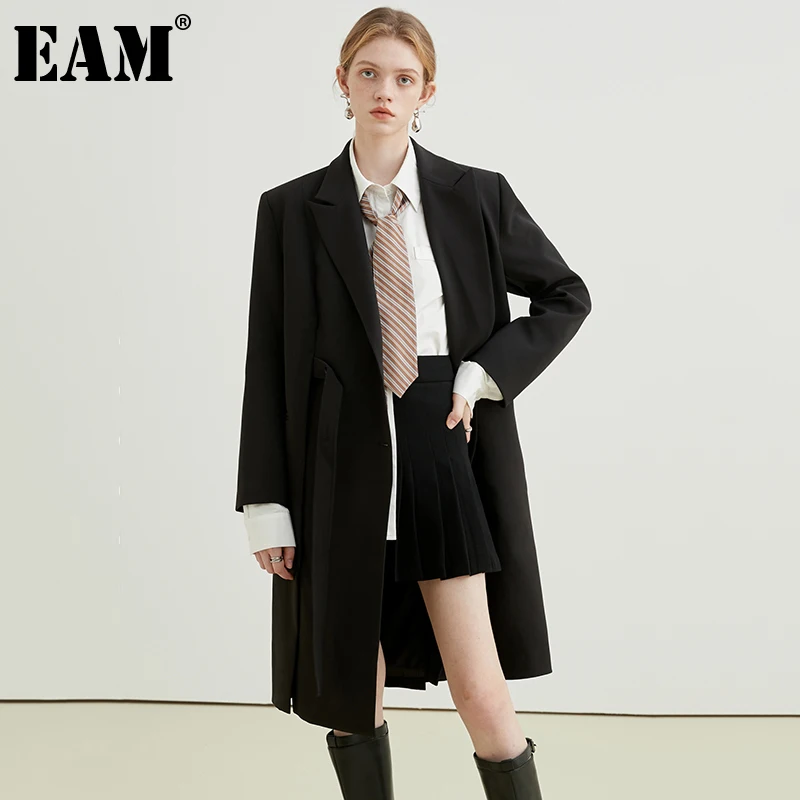 

[EAM] Women Black Big Size Belted Midi Trench New Lapel Long Sleeve Loose Fit Windbreaker Fashion Spring Autumn 2021 1DE2722