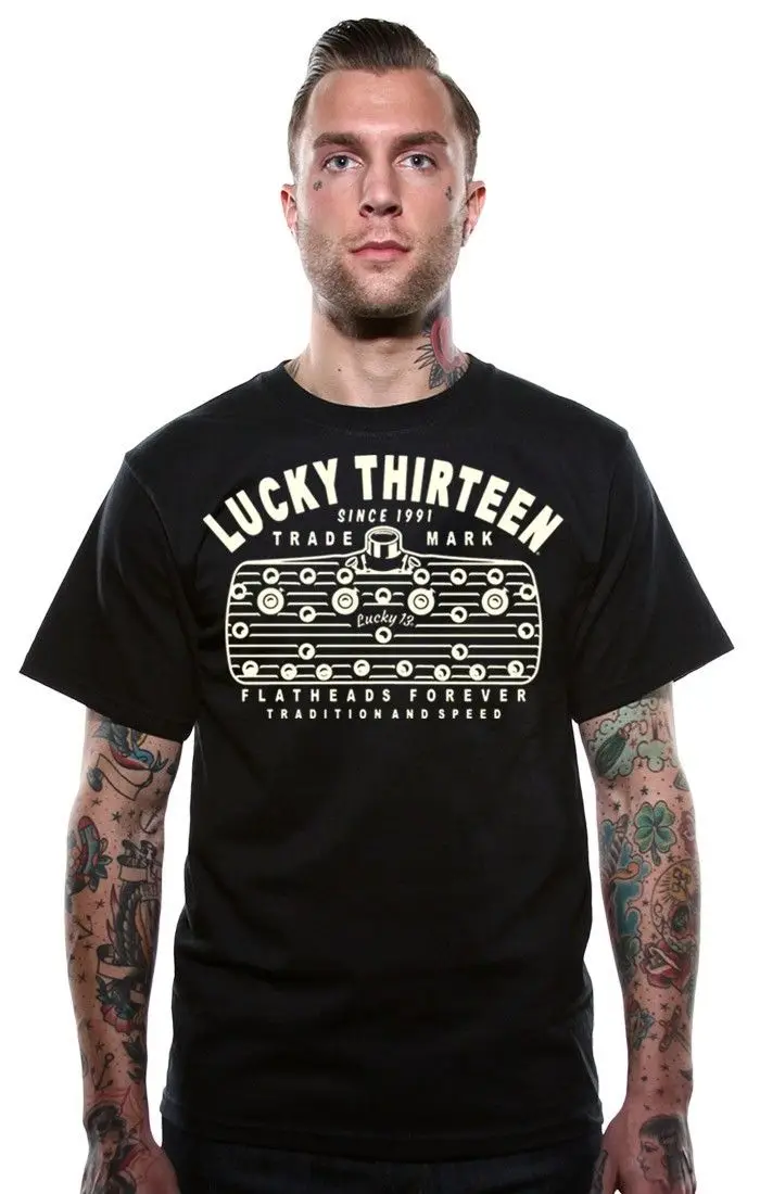 

2019 Newest Letter Print Men T-Shirts Cotton Plus Size LUCKY FLATHEAD MOTOR ROCKABILLY HOT ROD TATTOO BIKER mens T shirt