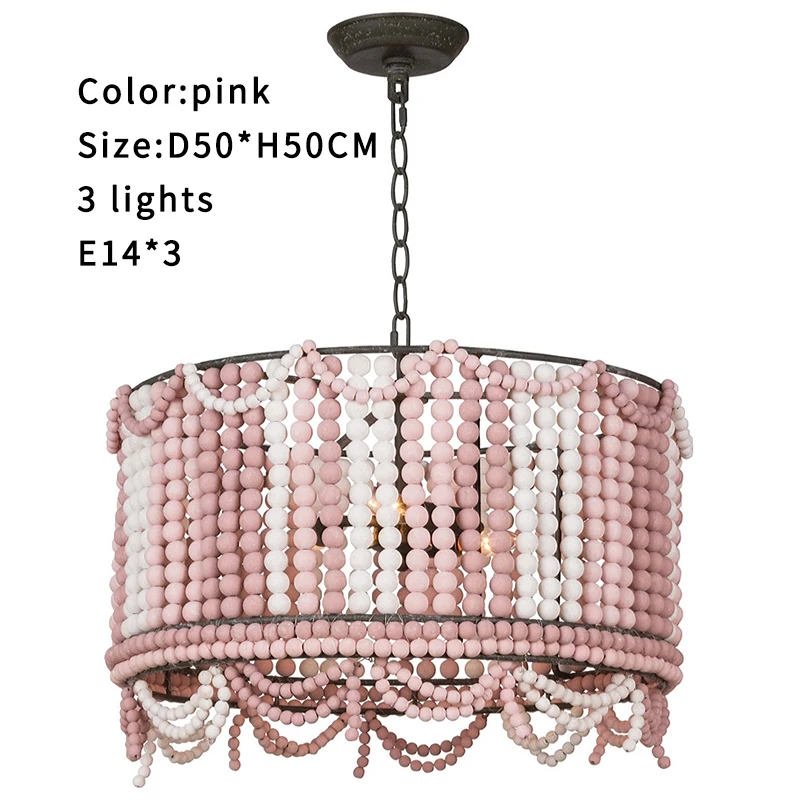 Деревянный подвесной светильник в стиле лофт розового/белого цвета с бисером