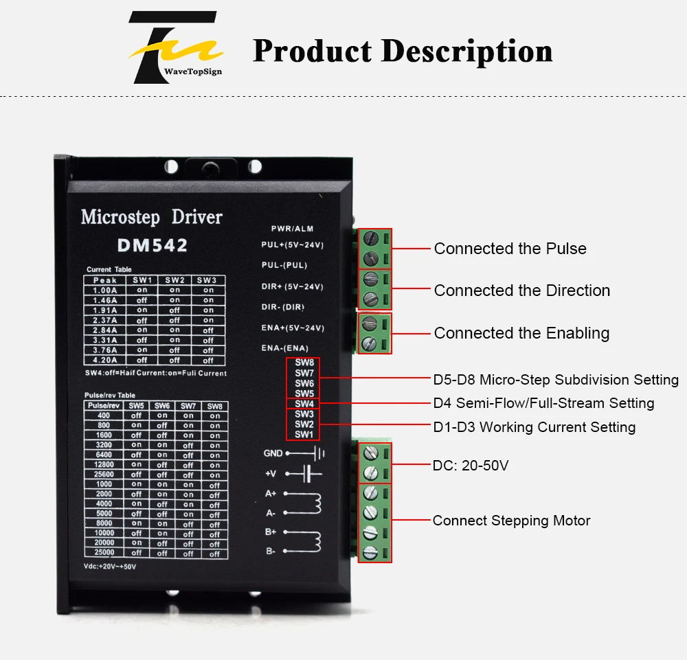 WaveTopSign Драйвер шагового двигателя DM542 Напряжение 20-50VDC ток 1,0-4.2A для 57 86 серии 2 фазы цифровой шагового двигателя