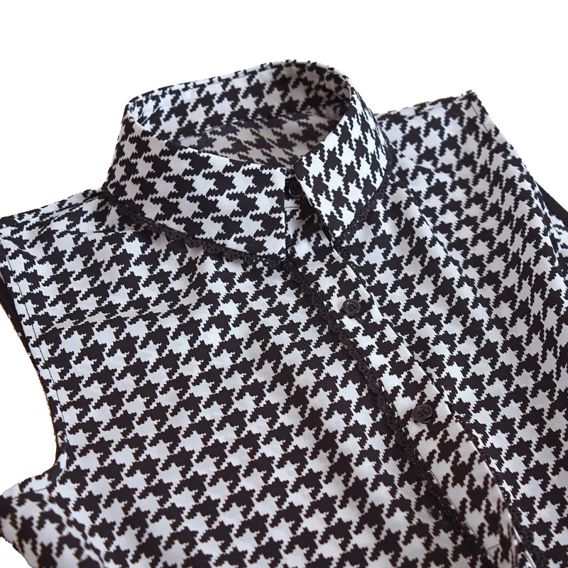 

Women's Houndstooth plaid Blouses 2020 Summer Casual Fold Collar Sleeve Loose Singe Breasted Women Tops And Blouses Freeshipping