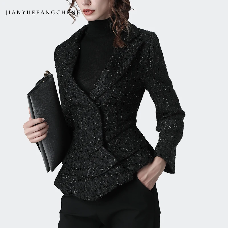 Fashion Women Woolen Suit Jacket Autumn Winter New Elegant Slim Office Ladies Blazer Black Rough Lines Short Fitted Waist Coat