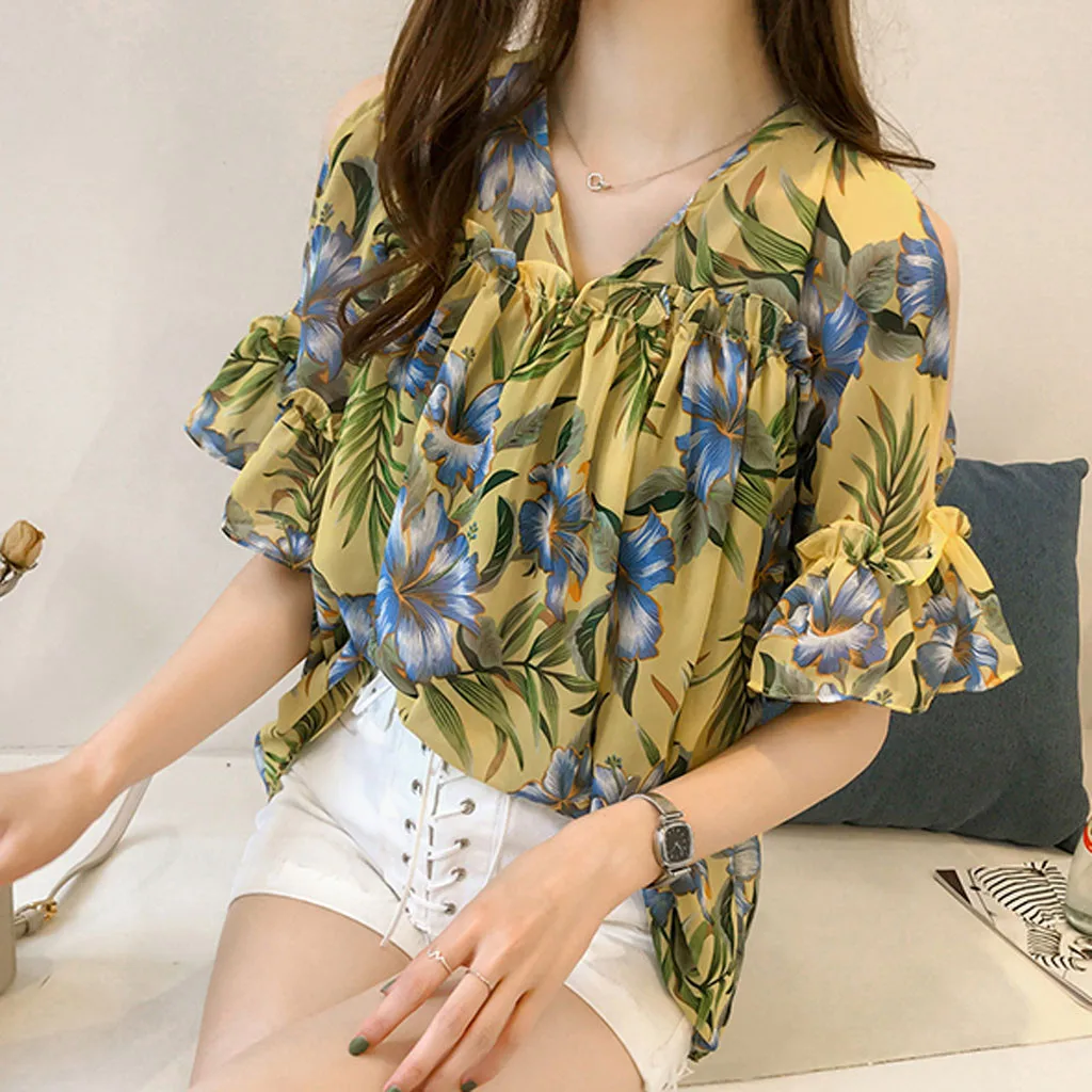 

Fashion Women's Tops Plus Size Chiffon Women's V-neck Casual Short Sleeve Printed Ruffled Top Printed Floral Top 40*