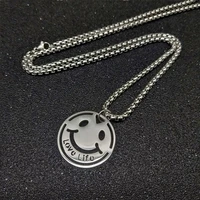 simple ins pop up local cool stainless steel smiling face letter necklace lovers long sweater chain hip hop men fashion pendant