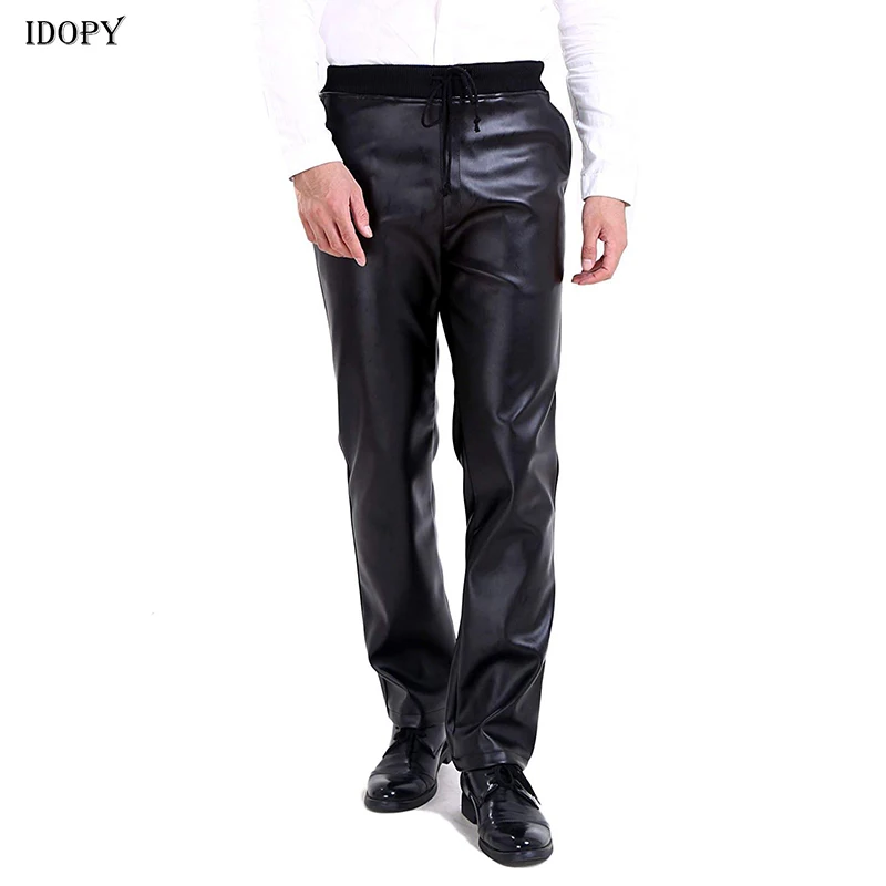 Idopy Для Мужчин's Бизнес Slim Fit эластичные удобные черные Искусственная кожа штаны