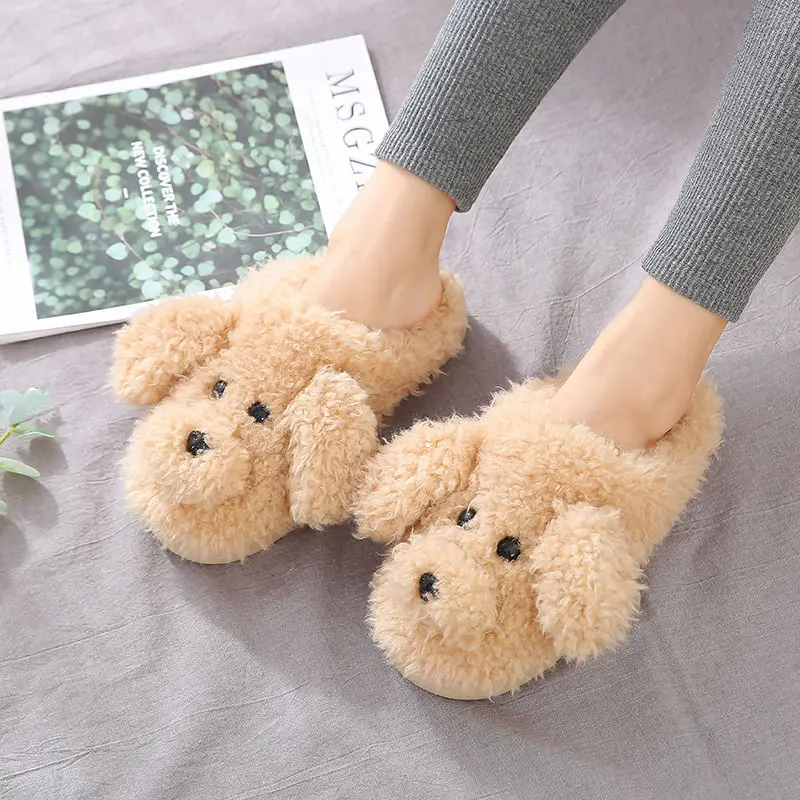 

Cartoon Dog Slippers For Women House Winter Shoes Warm Animal Slippers Plush Indoor Women's Shoes Funny Adult Slippers Size 44