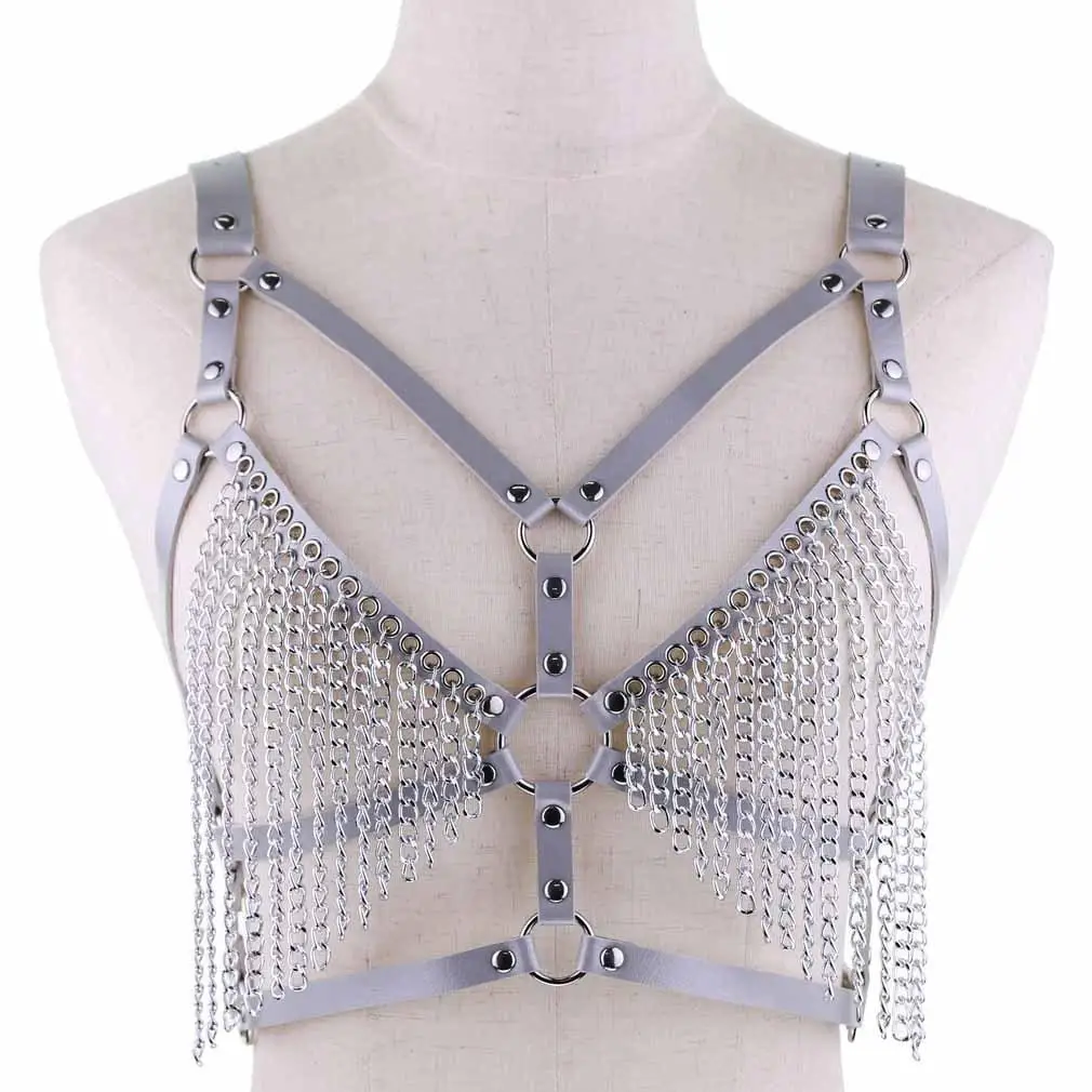 

Leather Body Harness Bra Metal Chain Bondage Lingerie Harnesses for Women Pink Adjust Punk Goth Pu Strap Tops Cage Festival Rave