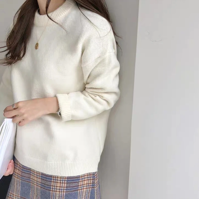 Мягкий Вязаный женский свитер Flectit в Корейском стиле с длинным рукавом и круглым