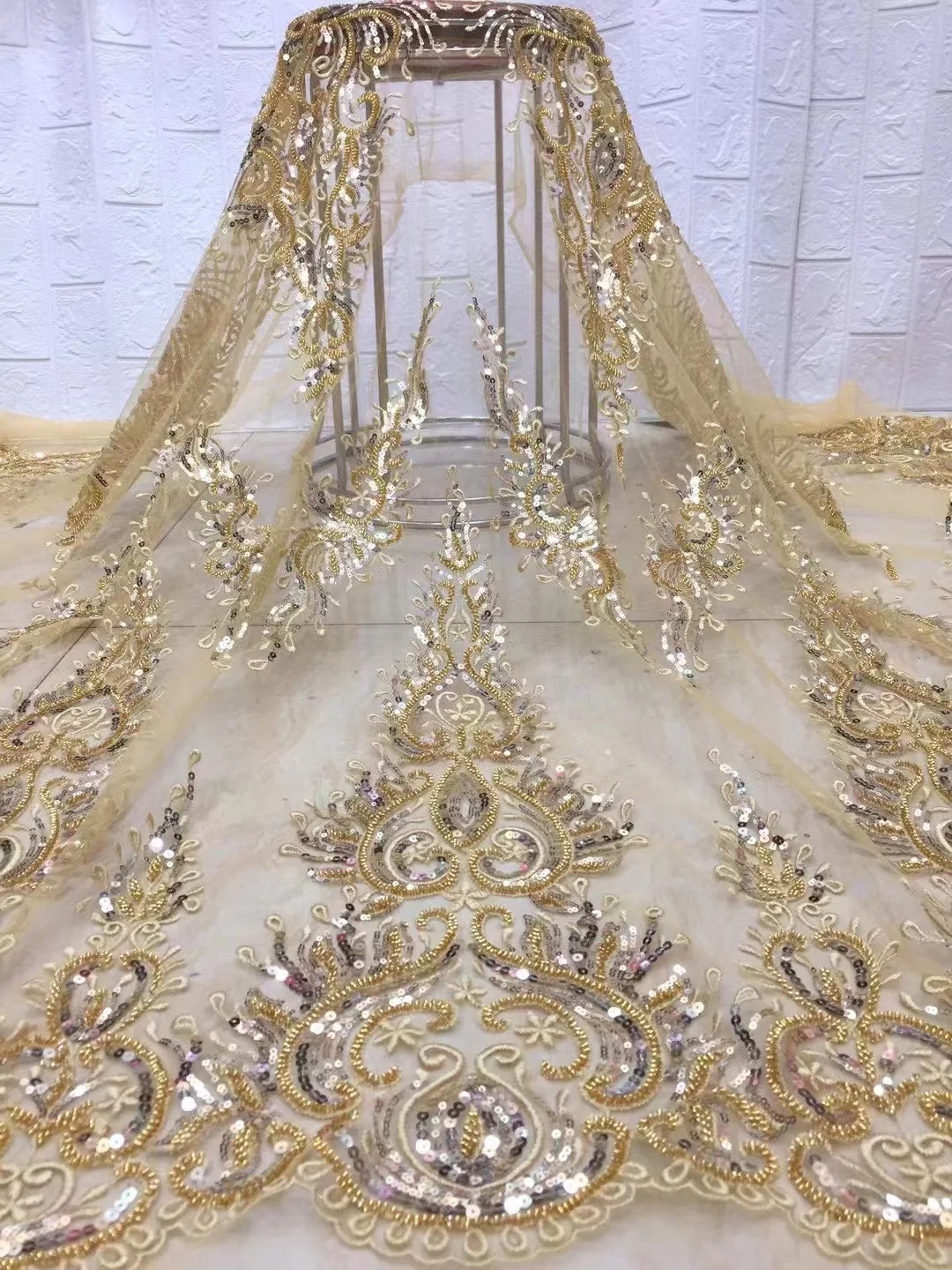 

(5yards/pc) High grade embroidered French net lace 2021 gold African tulle lace fabric with tube beads for party dress FZZ066