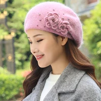 women hat winter angora beret knit beanie autumn warm flower rhinestone thick double layers skiing outdoor accessory for lady
