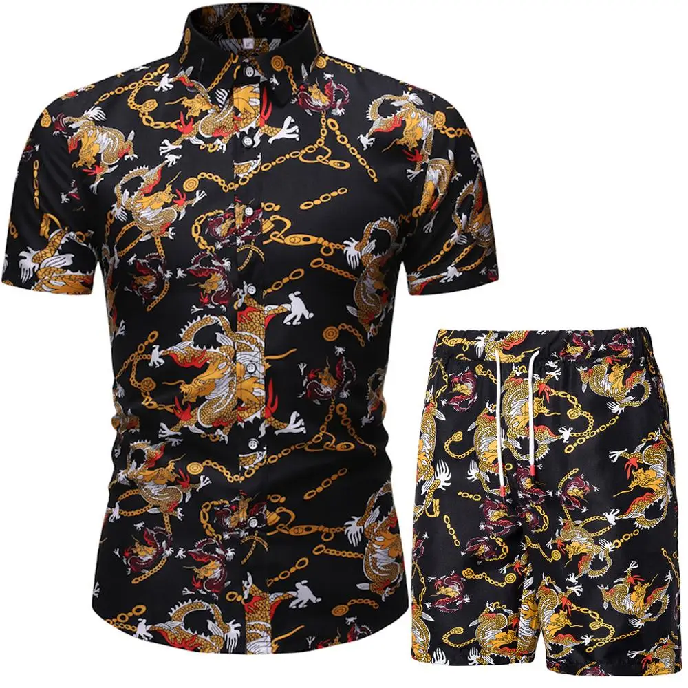 

Men Clothes Set Summer Mens Punk Rock Party Suit Mens Club Beach Track Suits 2021 Boardshorts + Casual Print Shirts 2 Pcs Sets