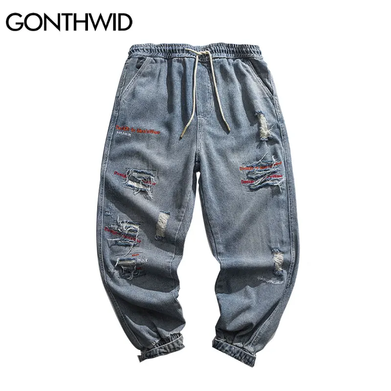 

GONTHWID Harajuku Streetwear Jeans Distressed Destroyed Holes Denim Pants Hip Hop Harem Baggy Joggers Elastic Waist Trousers