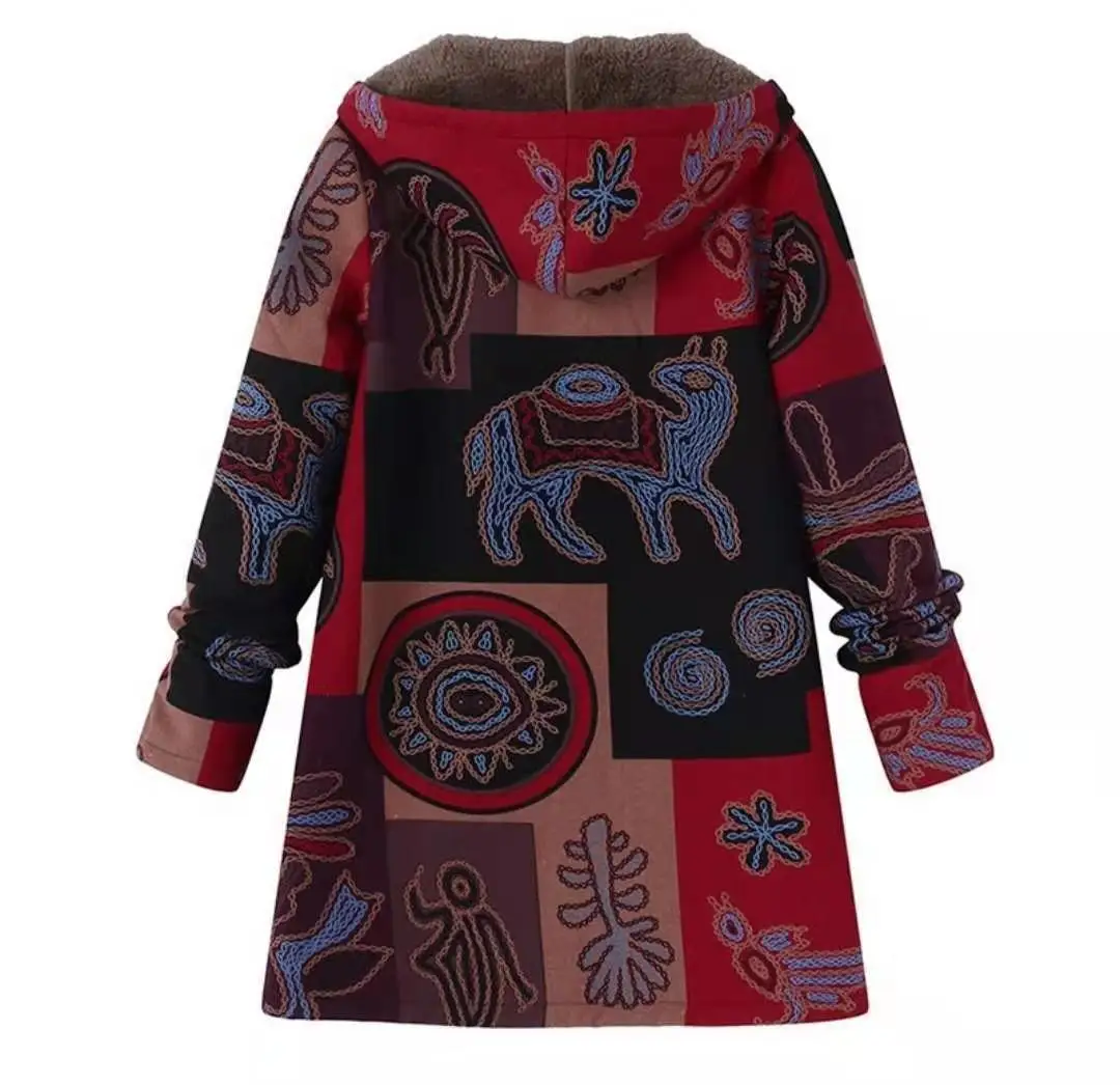 2021 Autumn Velvet Cotton Jacket Zipper Plus Women's Retro Totem National Style Fashion Printed Hooded Warm Winter Jacket Coat