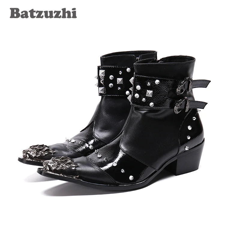 

Batzuzhi Western Cowboy Men Boots Pointed Metal Tip Rivets Ankle Leather Boots Men Punk Botas Militares Motorcycle, Big Size 46