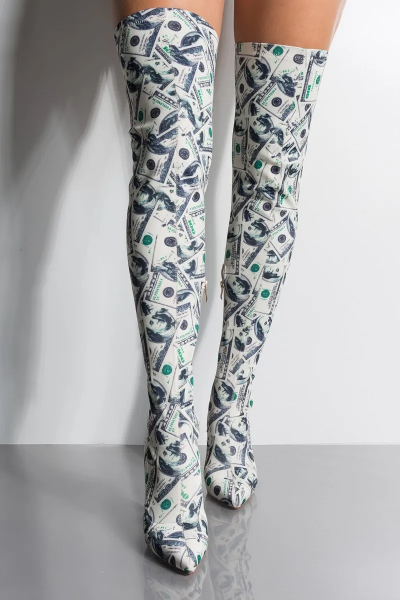 2019 г. Новые высокие сапоги до бедра с сумкой в виде денег женские ботфорты