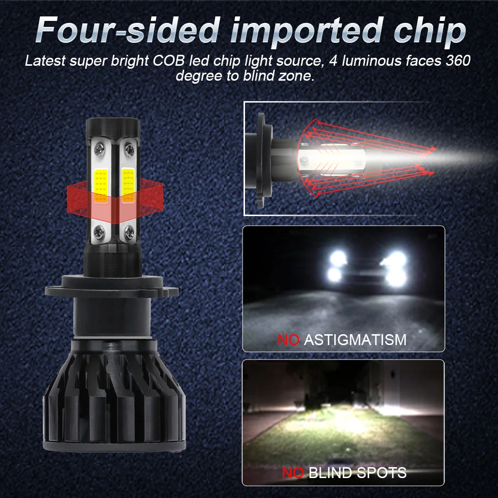 2Pcs LED New 4Sides Car Headlight 20000LM H4 H7 H1 H3 H8 H11 3000K 4300K 6000K 8000K 9005 9006 HB3 HB4 881 Fog Light 80W 12V - купить по