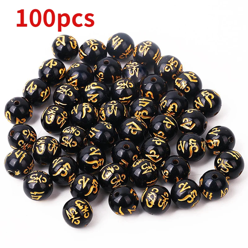 

50/100pcs 8mm-14mm Buddha Charms Beads Black Color With Carving Gold Dragon Chinese Pixiu Bracelet DIY Beads For Jewelry Making