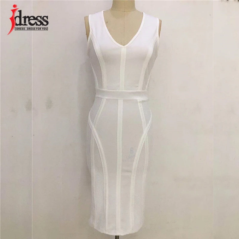 Белый IDress, дизайнерское, Брендовое, облегающее платье, элегантное, vestidos, robe Femme, повседневное, женское, черное платье, v-образный вырез, вечерние платья, женская одежда - Цвет: Белый