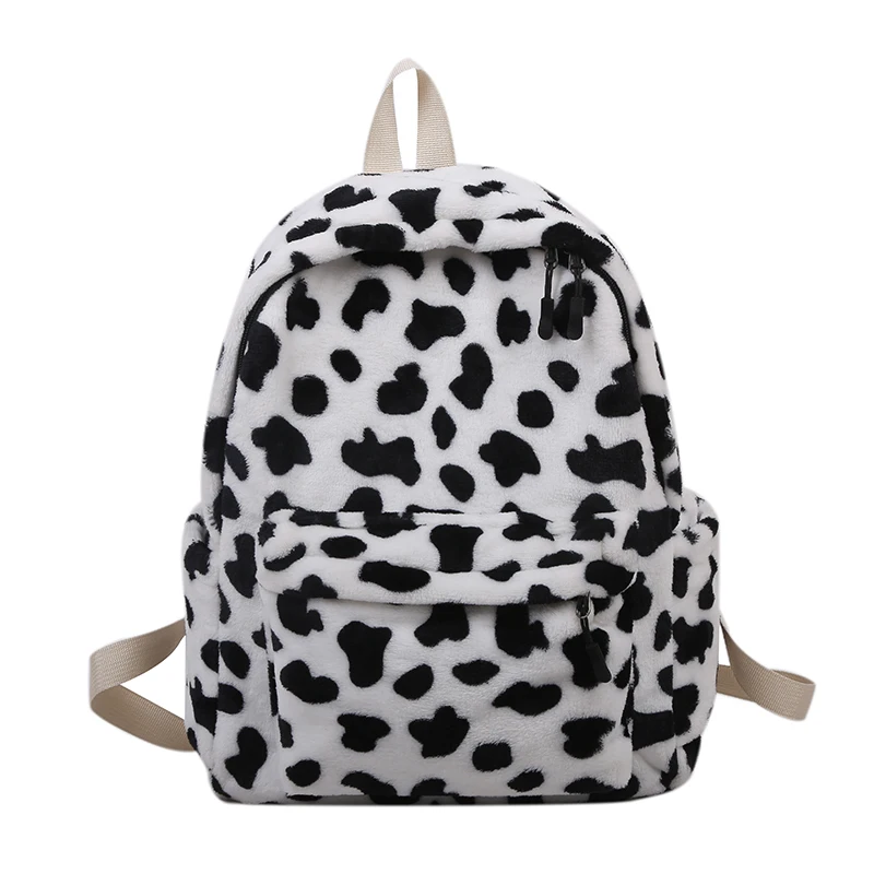 

[EAM] Women New Black Cow Pattern Cartoon Campus Girl Furry Backpack Personality All-match Backpack Fashion Tide 2021 18A2413