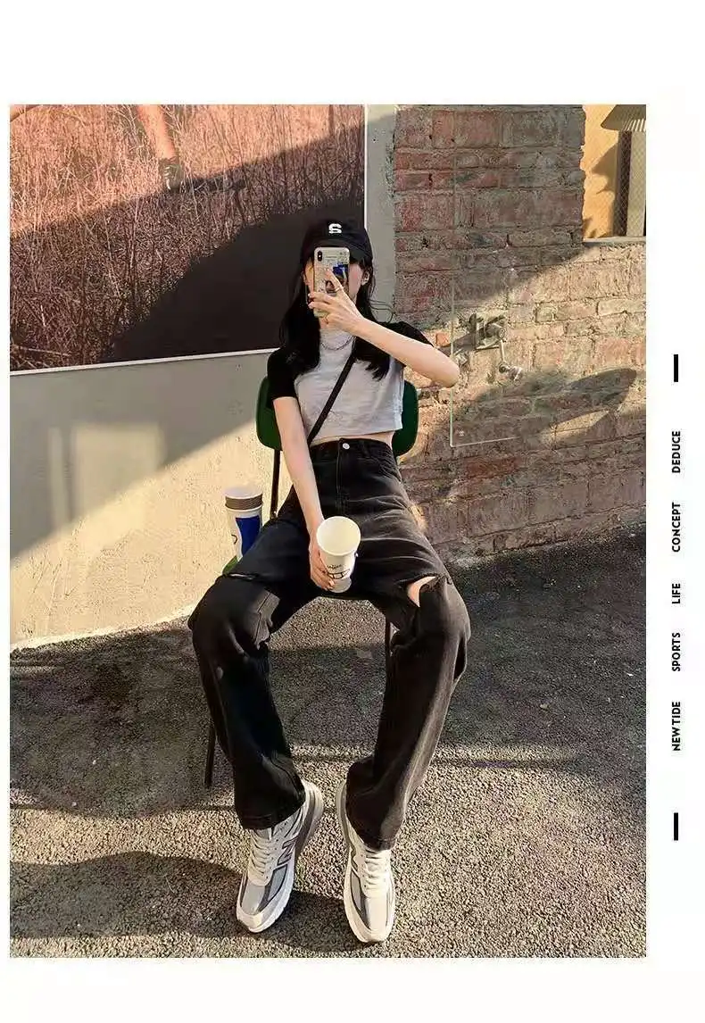 

Black high-waist ripped straight-leg jeans women's spring and autumn 2021 new loose and thin drape wide-leg mopping pants