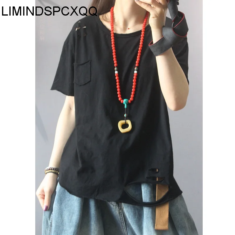 

LIMINDSPCXQQ Japan Style 2021 Ladies Vintage Casual Short Sleeve Tee Women Holes Loose Red Tops Female O-Neck T-shirts Big Size