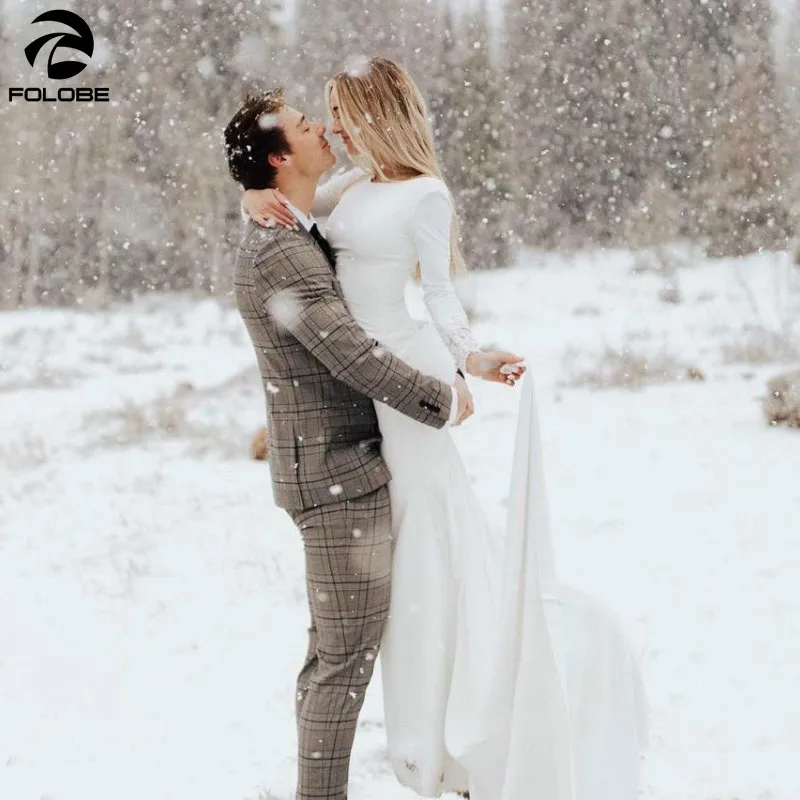 

2020 Latest Elegant Crepe Wedding Dresses Mermaid Boat Neck Appliques Beaded Court Train Long Sleeve Buttons Simple Bridal gowns