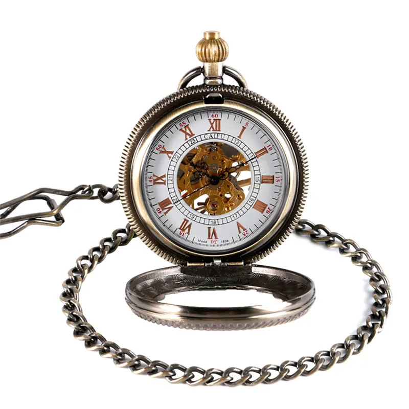 Bronze Transparent Cover Half Hunter Handwinding Mechanical Pocket Watch for Men Women Roman Number Dial Pendant Chain Gift