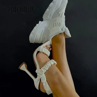 niufuni 2021 folded elastic band womens sandals square toes wine glass heel stiletto heels womens black sexy set foot sandals