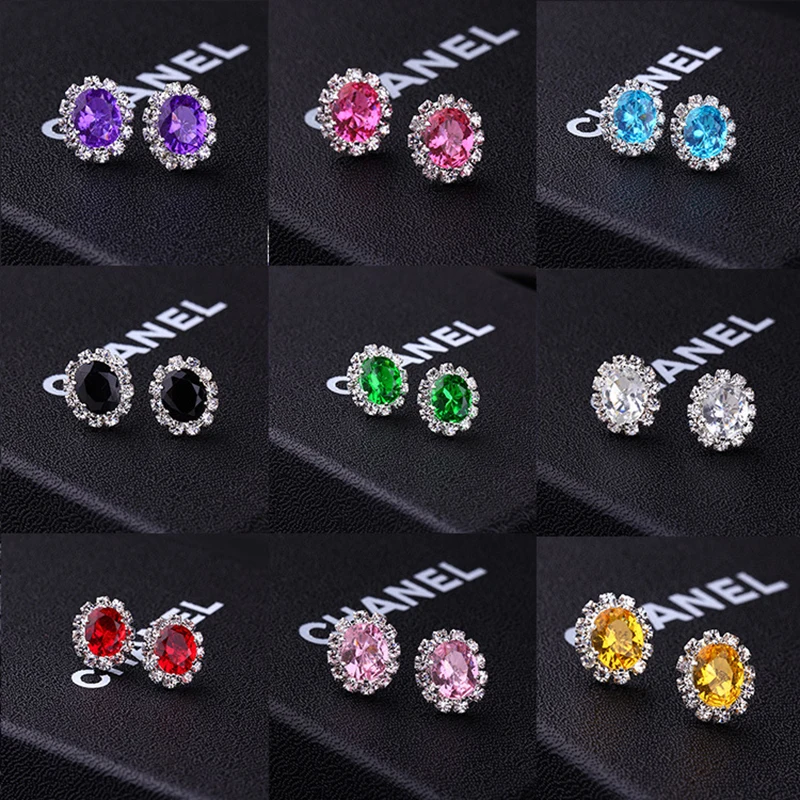 

Fashion Shiny Stud Earrings Colorful Oval Zircon Crystal Earring Stud Charm Simple Korea Ear Jewelry For Lady Girls