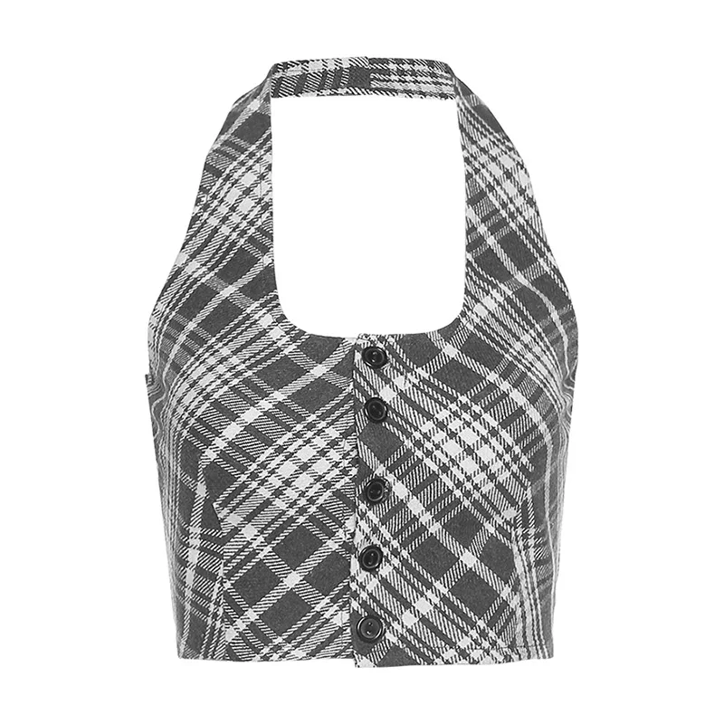 

European and American foreign trade 2021 AliExpress Summer Women's New Style Halter Plaid Halter Breasted Sexy Short Vest