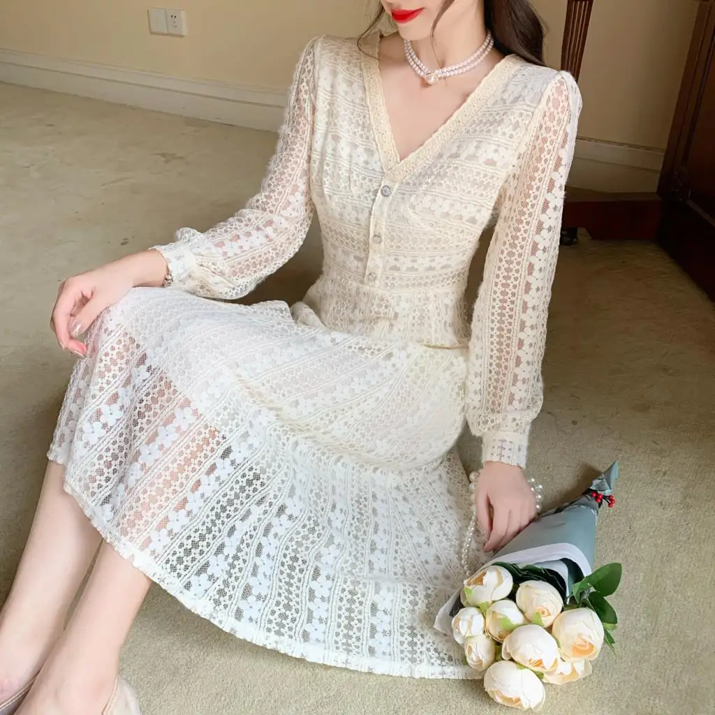 

French Fairy Elegant Dress Women Casual One-piece Dress Korean Long Sleeve V-neck Evening Party Vintage Dress Female 2020 Autumn