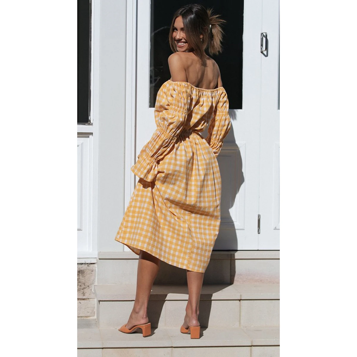 

Yellow Plaid Women Dress 2021 Summer Slash Neck Puff Sleeves Casual Long Dresses Vintage Elegant Bohemian Vocation Mujer Robe