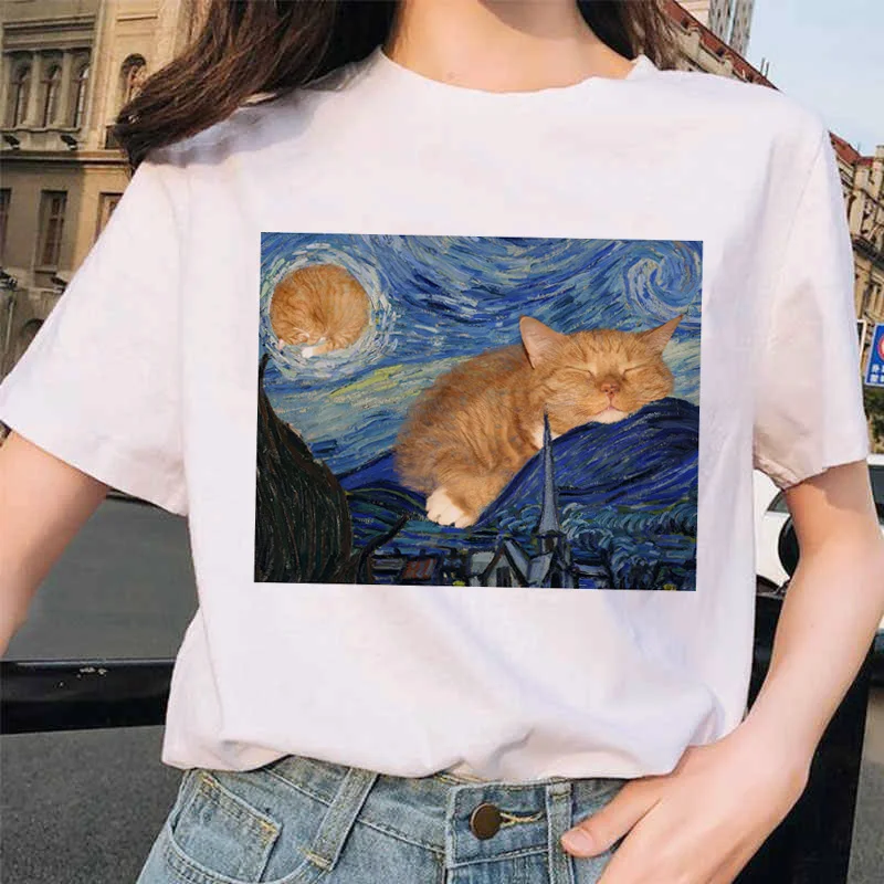 Van gogh женская футболка с рисунком кота, Рисунок маслом, решетка, принт, новая милая женская футболка, Повседневная футболка Harajuku, забавная футболка ulzzang grunge