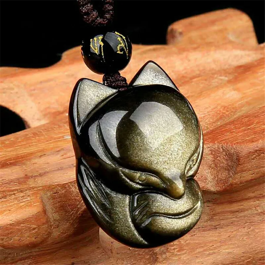 

Genuine Natural Gold Obsidian Gemstone Fox Shape Pendant 35x28x16mm Natual Obsidian 6mm Beads Necklaces AAAAA Drop Shipping
