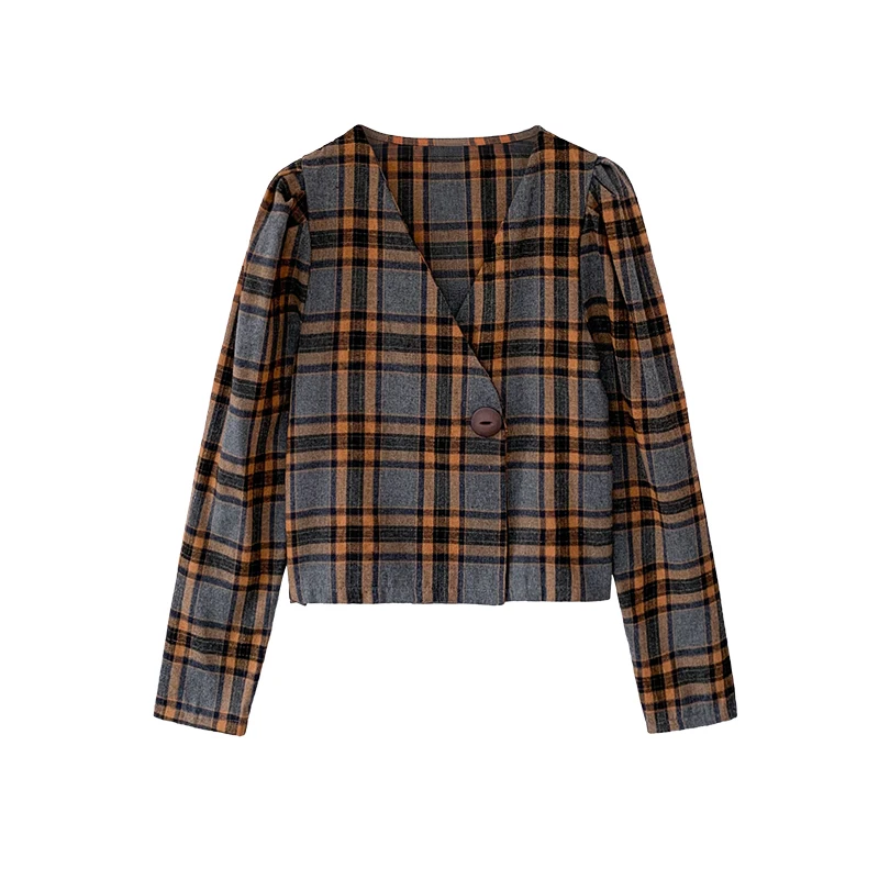 

Plaid shirt women spring 2020 new retro flavor bubble sleeve tops loose shirt bottoming fashion v neck tops