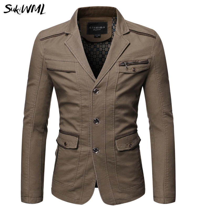 SUKIWML мужские костюмы жакеты блейзеры 2019 Новый карманный хлопковый мужской пиджак