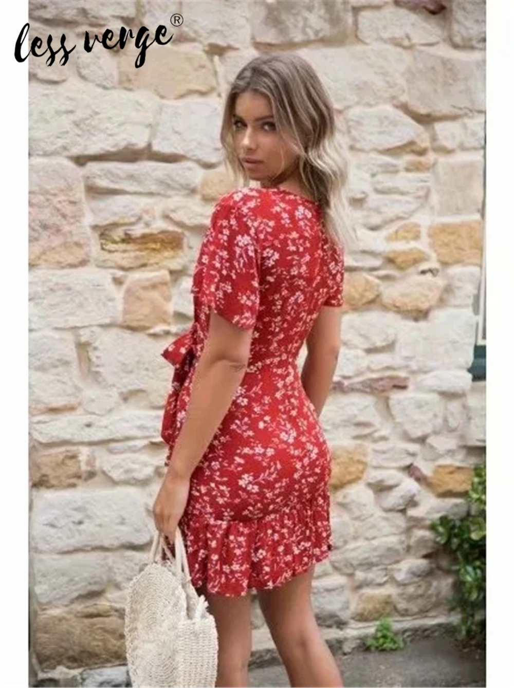 

Lessverge New Fashion Women Dress Floral Print Vintage Retro Dress Short Sleeve Lace Up Mini Dress Casual Holiday Red Dress