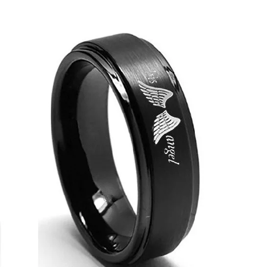 Черное кольцо для мужчин и женщин с гравировкой ангела ее ковбой свадьбы