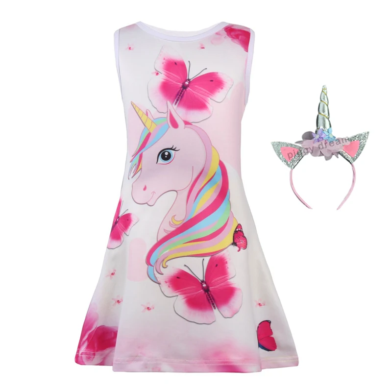 Платье принцессы без рукавов с рисунком бабочки и единорога для девочек вечерние