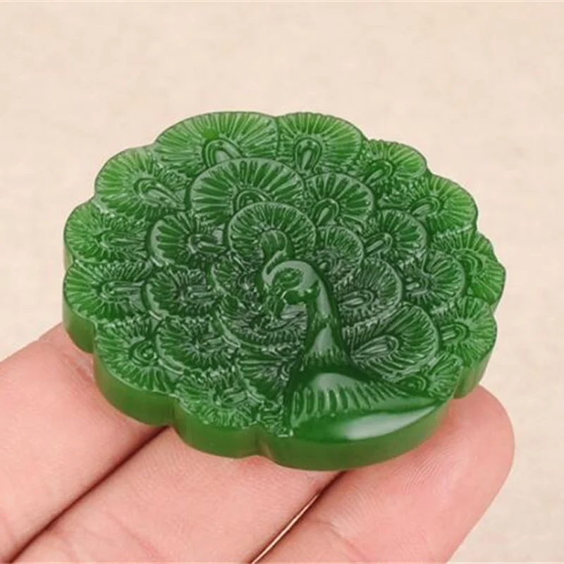 Women Necklace Pendant Green White Nephrite Jade Carved Peacock Open Screen Gift for Female Fashion Jewelry | Украшения и