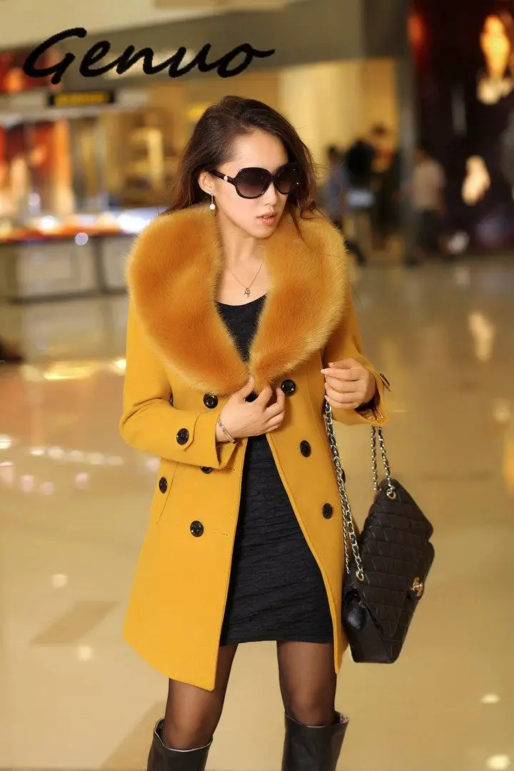 Женское шерстяное пальто с большим воротником повседневное облегающее теплое