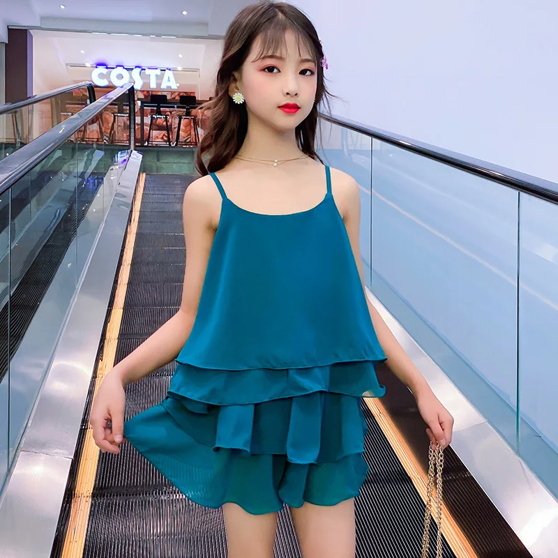 Летняя одежда для девочек зеленая жилет на бретельках подростков + шорты