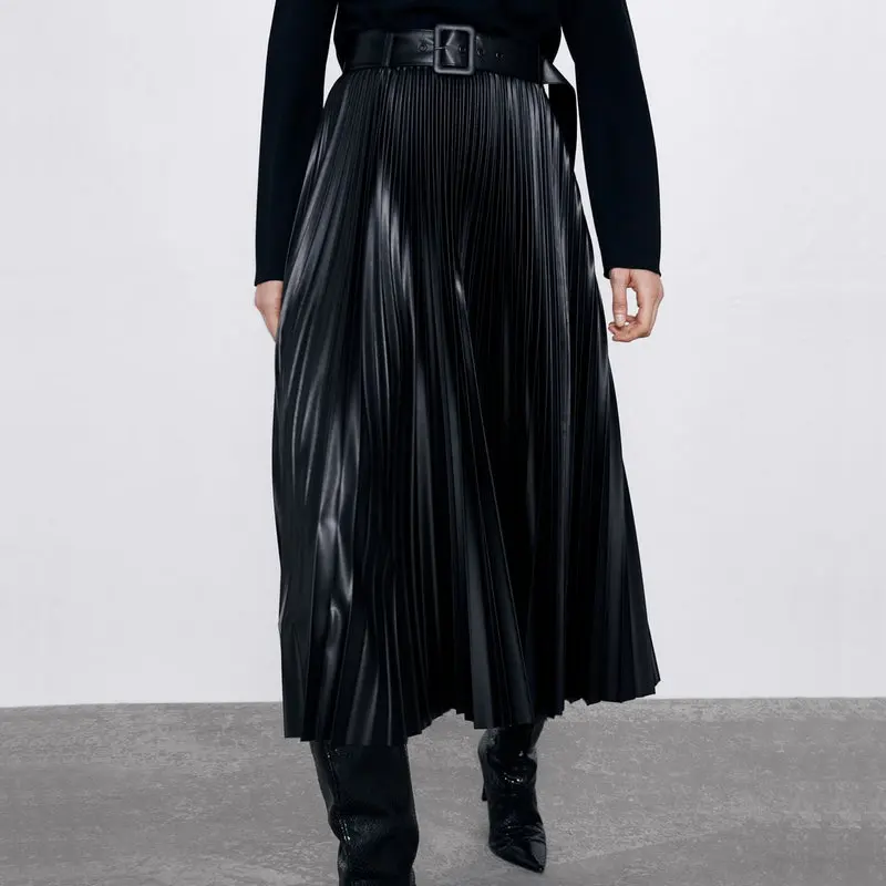 Женская плиссированная юбка с высокой талией свободная черная Повседневная