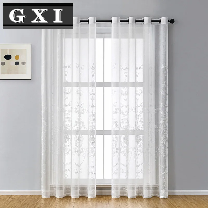 

GXI Luxury Europe White Linen Curtain Tulle for Bedroom Embroidered Sheer Curtains for Living Room Panels Cortinas Dormitorio