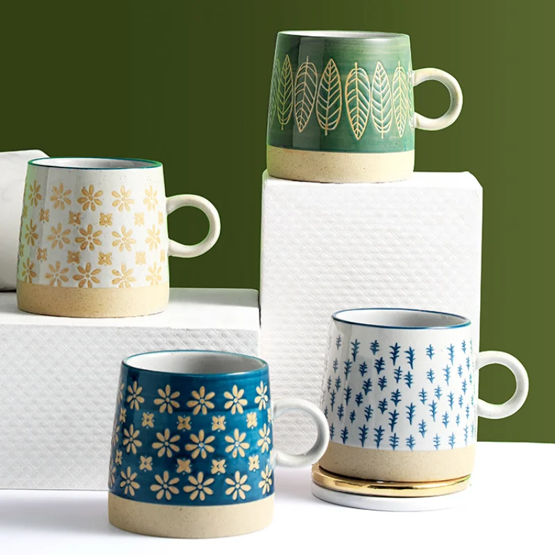 320ml / 400ml Japanese ceramic coffee cup with handle retro pastoral water embossed Mug creative milk Drinkware | Дом и сад