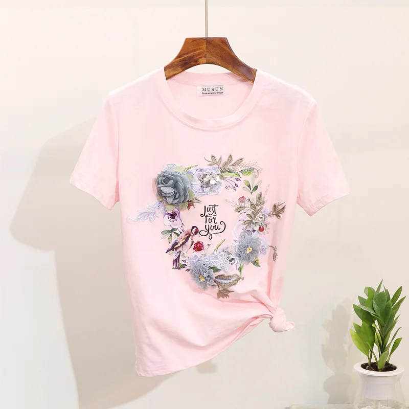 

Amolapha Women Heavy Work 3D Flower Printed Cotton Tshirts+ Jeans 2 Pieces Clothing Sets Suits