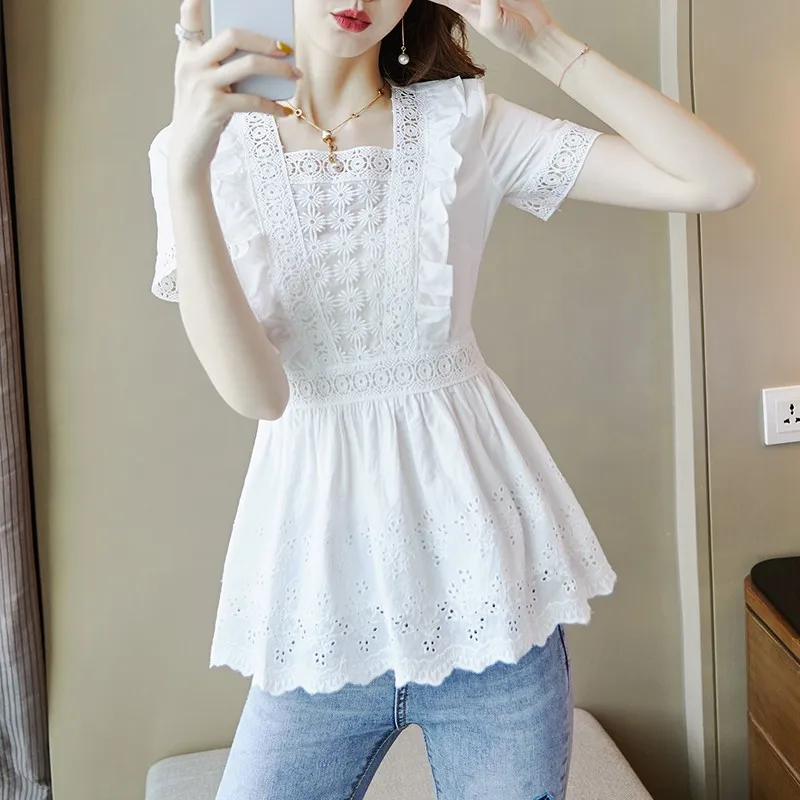

Women's Embroidery Blouse 2020 Elegant Tunic Casual Hollow Chemise Female Short Sleeve Shirts Blusas Plus Size Solid Tops