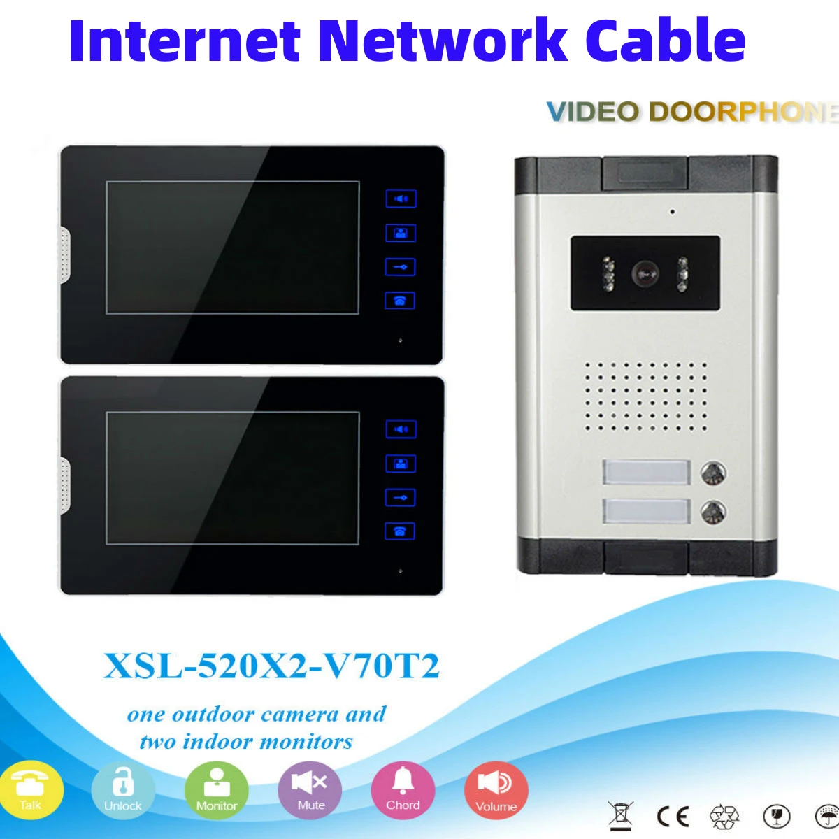 

100 Meter Network Cable Video Doorbell 7 Inch Monitor Video Door Phone 2-way Audio Visual Intercom Unlock Access Control System