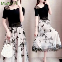 summer chiffon floral dress suit womens 2021 new waist slimming blouse skirt two piece korean fashion elegant top dresses suit
