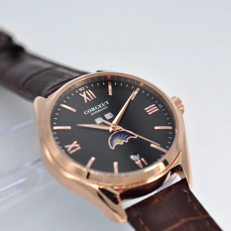 Corgeut 41 мм Moon Phase черный циферблат Новые Мужские автоматические механические